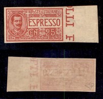 Regno - Espressi - 1903 - 25 Cent (1a) Non Dentellato Bordo Foglio - Gomma Originale Con Invisibile Traccia Di Linguella - Sonstige & Ohne Zuordnung