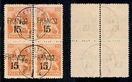 Occupazioni I Guerra Mondiale - Fiume - 1919 - Franco 15 Su 45 Cent (D79) - Quartina Usata - Soprastampa Obliqua In Bass - Other & Unclassified