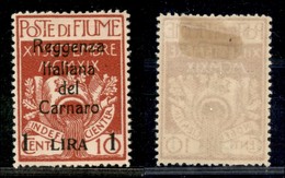 Occupazioni I Guerra Mondiale - Fiume - 1920 - 1 Lira Su 10 Cent Carnaro (143t) Senza Emblema Al Verso - Gomma Originale - Other & Unclassified