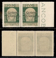 Occupazioni I Guerra Mondiale - Fiume - 1921 - 5 Cent Governo Provvisorio (149-varietà) - Coppia Bordo Foglio Con Sopras - Other & Unclassified