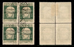 Occupazioni I Guerra Mondiale - Fiume - 1921 - 5 Cent D'Annunzio (177) - Quartina Usata (320+) - Other & Unclassified