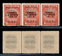 Occupazioni I Guerra Mondiale - Fiume - 1921 - 0.04 Su 10 Cent (26g) - Striscia Di 3 Con Soprastampe Oblique - Gomma Int - Other & Unclassified