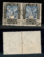 Colonie - Libia - 1921 - 5 Lire Pittorica (31 Varietà) - Coppia Usata Con Foro Supplementare Di Dentellatura Centrale A  - Other & Unclassified