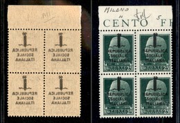 RSI - 1944 - Milano - 25 Cent (491s) - Quartina Bordo Foglio (pos. 4/15) Con Decalchi - Gomma Integra - Wolf - Altri & Non Classificati