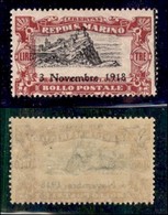 San Marino - Posta Ordinaria - 1918 - 3 Lire Vittoria (68b Varietà Ca) - Centro Spostato Nei Due Sensi + Spazio Tipograf - Autres & Non Classés