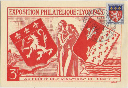 1943 - EXPO PHILATELIQUE De LYON - CARTE MAXIMUM ARMOIRIES AU PROFIT Des SINISTRES De BREST - 1940-1949