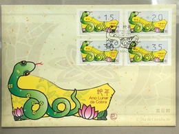 MACAU, 2013 ATM LABELS CHINESE ZODIAC YEAR OF THE SNAKE COMPLETE SET IN FDC - FDC