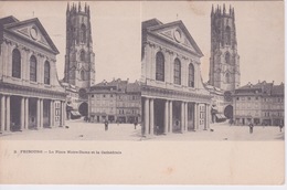 SUISSE - FRIBOURG - NOTRE DAME ET LA CATHEDRALE - VUE STEREOSCOPIQUE AVEC PUB CHOCOLAT LOUIT AU VERSO - - Cartes Stéréoscopiques