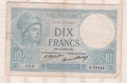 10 Francs Minerve 6 – 8 - 1931. Alphabet K.59244 N° 498 - 10 F 1916-1942 ''Minerve''