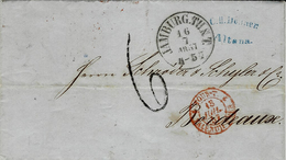 1857- Letter From HAMBURG.TH.N.T.  , Altona -Laurvig To Bordeaux - TOUR-T 2 VALENCIENNES 2 Red - Briefe U. Dokumente