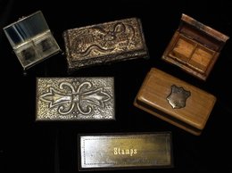 STAMP BOXES Interesting Group (mainly Wooden), One Indian With Ornate Stone Marquetry, Swiss With Painted Lid Of Chillon - Other & Unclassified