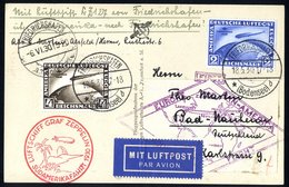 1930 Europe - Pan-Am Flight PPC From Bad Nauheim, Franked Ovptd 2rm + 4rm Zeppelins, Tied Friedrichshafen, Card Also Bea - Other & Unclassified