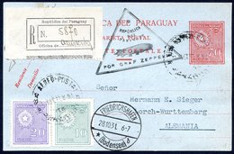 1931 (October) Paraguay 3rd Flight To Germany Registered 70 Centavos Postcard Uprated With 9 Adhesives (applied Front &  - Otros & Sin Clasificación