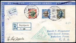 1931 Iceland Flight Registered Cover From Reykjavik To Bethlehem, Pennsylvania Franked The Zeppelin Set Of Three Tied Re - Sonstige & Ohne Zuordnung