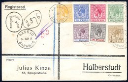 1914 Registered Cover From Nassau To Halberstadt, Germany Franked ½d, 1d, 2½d, ½4d, 6d, 1s & 5s, KGV Adhesives (7 Colour - Otros & Sin Clasificación