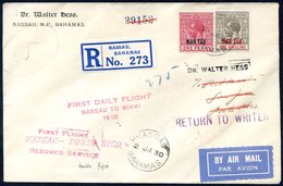 1930 Jan Registered Double Flight Cacheted Cover Nassau - Puerto Rico - Nassau - Miami, Franked 1d & 1s War Tax. - Otros & Sin Clasificación