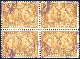 1897 Jubilee $3 Bistre Scarce Used Block Of Four, Cancelled By Several At Winnipeg Violet Circular D/stamp, Philatelic F - Other & Unclassified