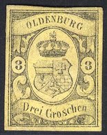 OLDENBURG 1859 3g Black/yellow, Unused With Very Good Margins, SG.16. Expertised On Reverse. (1) Cat. £1400 - Otros & Sin Clasificación