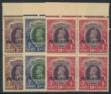 PATIALA 1937-38 2r, 5r & 10r SG.93/5 Each UM Top Marginal Block Of Four, Usual Gum Toning. Cat. £600+. (12) - Otros & Sin Clasificación