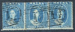 1859 3d Blue, Perf 14 Strip Of Three (first Is Creased), Light Cancels, SG.10. - Sonstige & Ohne Zuordnung