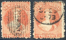 1873 2d Vermilion N Z Watermark (2), One Cancelled With Almost Complete "DUNEDIN" In Oval Of Thin Bars And One (Row 12 N - Autres & Non Classés