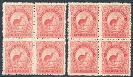 1902-07 6d Kiwi, Two Mint Blocks Of Four In Salmon And Deep Salmon, The Second Is Ex Midas. Two Stamps Are UM, SG. 312,  - Autres & Non Classés