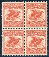 1907-08 1/- Kea And Kaka Perf. 14 X 15 In A Lovely Fresh Mint Block Of Four Showing Use Of Two Different Comb Perfs Betw - Autres & Non Classés