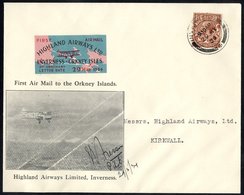 1934 May 29th Highland Airways First Flight Inverness - Kirkwall, Scarce Official Illustrated Cover, Bears KGV 1½d Defin - Otros & Sin Clasificación
