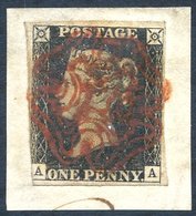 Plate 4 AA, Three Good Margins, Left Side Cut Into, Tied By A Small Piece By A Very Fine Double Lined Red MC, Associated - Otros & Sin Clasificación