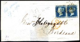 1853 Part Cover Addressed To Bordeaux Franked 2d Blue Pl. 4 LI/LJ Horizontal Pair Tied By Barred Oval London Numeral '28 - Other & Unclassified