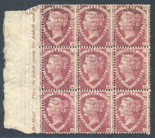 1870 1½d Lake Red P.3, Fresh M Left Side Marginal Block Of Nine KA/MC Showing Marginal Inscription 'Per Sheet. Place The - Other & Unclassified