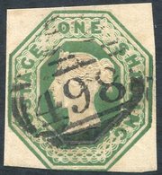 1847-54 1s Green Three Clear Margins, Touching At Base With Barred Oval Numeral 498 For Manchester. SG.55. - Other & Unclassified