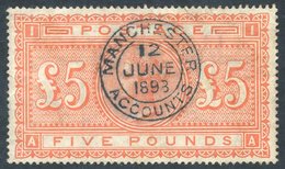 1867-83 £5 Orange Superb Used With An Upright Strike Of The Manchester Accounts Double Ring C.d.s. For 12th June 1893, S - Other & Unclassified