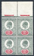 1906 Chalky Paper 2d Pale Grey-green & Carmine Red (SG.227), Top Marginal Block Of 4 With Upper Left Stamp Showing The V - Other & Unclassified