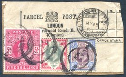 1904 LONDON (Clapton) Parcel Post Labels With 5s Bright Carmine Plus 9d & 1s Values Making 6/9d, Dated My.13.04. Scarce  - Other & Unclassified