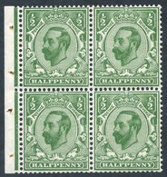 1912 Wmk Royal Cypher ½d Green Ex Booklet Pane Block Of Four (with Binding Margin) WMK. INVERTED M (3 X UM) Good Perfs;  - Other & Unclassified