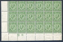 1912 Wmk Imperial Crown ½d Green Corner Marginal UM Control (B11 Perf) BLOCK OF 18 Incl. Variety No Cross On Crown, SG.3 - Other & Unclassified