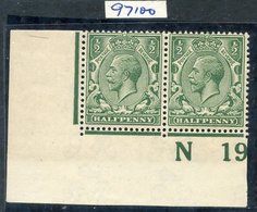 1912 ½d Deep Blue ('Myrtle') Green Corner Marginal Control (N 19 Imperf) Pair UM - Gum Toned. Spec N14 (16), Clear RPS C - Otros & Sin Clasificación