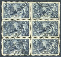 1934 Re-engraved 10s Indigo VFU Block Of Six, Each Cancelled By Fine Threadneedle St. Oval Registered D/stamps, SG.452.  - Sonstige & Ohne Zuordnung