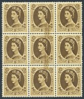 1958 Multiple Crowns 1s Bistre Brown UM BLOCK OF NINE Showing Variety Of Doctor Blade Flaw, Affecting Three Central Stam - Autres & Non Classés