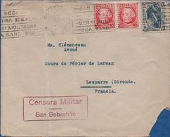 Espagne - 1937 - Enveloppe Timbrée 2 Timbres + Timbre Propagande 10 Cts ( Burgos) Cachet Censure San Sebastian - 1931-50 Briefe U. Dokumente