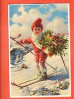 PEPB-36 Bonne Année Garçon à Ski Avec Bouquet De Gui Et Fleurs. Circulé 1930 Vers Lausanne - Neujahr