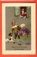 PEPB-38 Garçon Avec Chien Et Bouquet De Violettes Et Lettres Avec Coeurs, Fillete à La Fenêtre.Circulé 1911 - Anniversaire