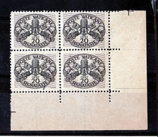 1946 Vaticano Vatican SEGNATASSE Righe Larghe Carta Grigia 20 Cent (14/I) In Quartina MNH** Firm.Biondi POSTAGE DUE Bl.4 - Segnatasse