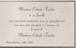 Carton De Remerciements Suite à Décès/CANADA/Monsieur Edwide FAUCHER/Décés De Edwide FAUCHER/ST Sévérin/1951      FPD116 - Overlijden