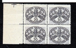 1946 Vaticano Vatican SEGNATASSE Righe Larghe Carta Grigia 20 Cent (14/I) In Quartina MNH** Firm.Biondi POSTAGE DUE Bl.4 - Strafport