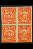 1923-7 10c Vermilion, Coat Of Arms, IMPERFORATE BLOCK OF 4, Scott 131, 3 Stamps Are Never Hinged Mint. For More Images,  - Bolivië