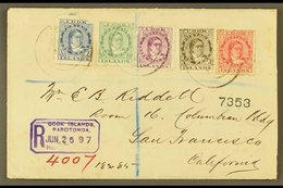 1897 (June) Highly Attractive Envelope Registered To San Francisco, Bearing Queen Makea Takau 1d, 1½d, 2½d, 5d And 19d,  - Cook Islands
