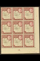 1946-49 4d Black & Claret Thick Map, SG G5, Never Hinged Mint Lower Right Corner Plate Numbers BLOCK Of 9 With 'SOUTH PO - Falklandinseln
