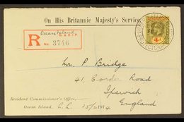 1914 (Feb) Superb OHMS Resident Commissioner's Office, Ocean Island Printed Envelope, Registered To England, Bearing A S - Gilbert & Ellice Islands (...-1979)